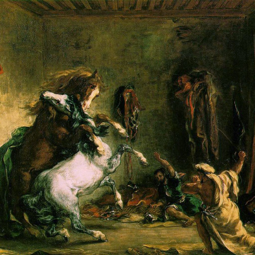 Chevaux arabes se battant à l'écurie - Delacroix