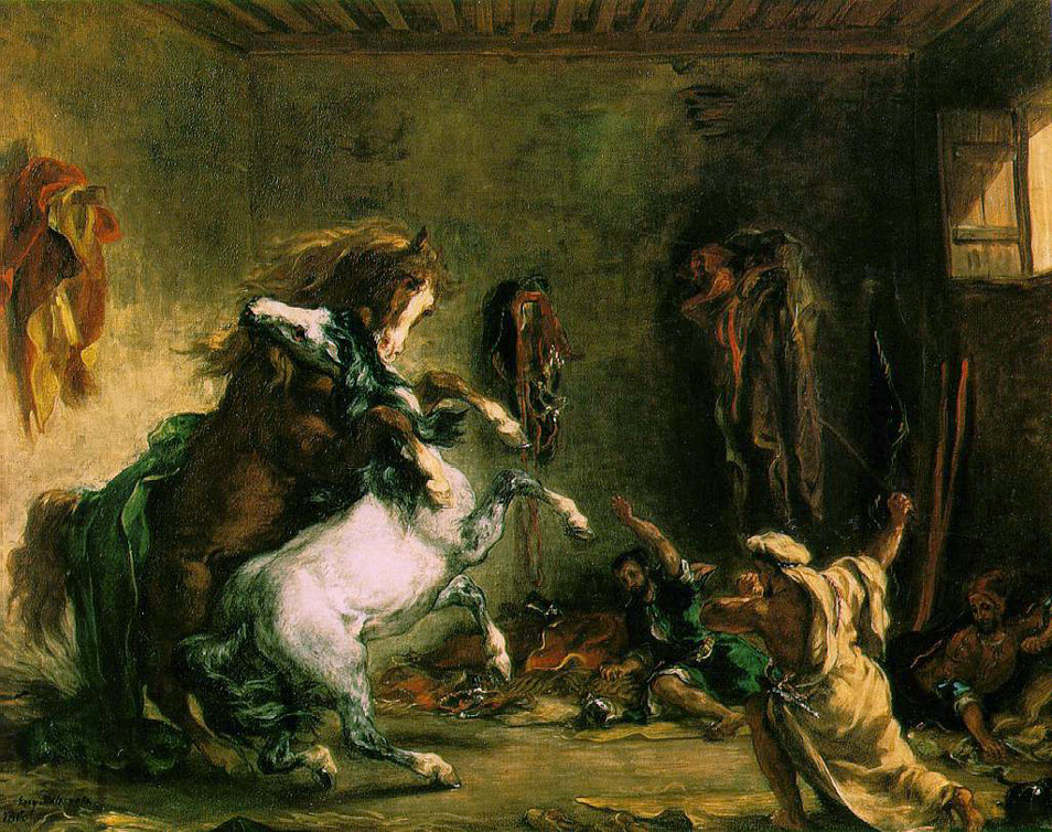 Chevaux arabes se battant à l'écurie - Delacroix