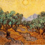 Oliviers avec ciel jaune et soleil  - Van Gogh