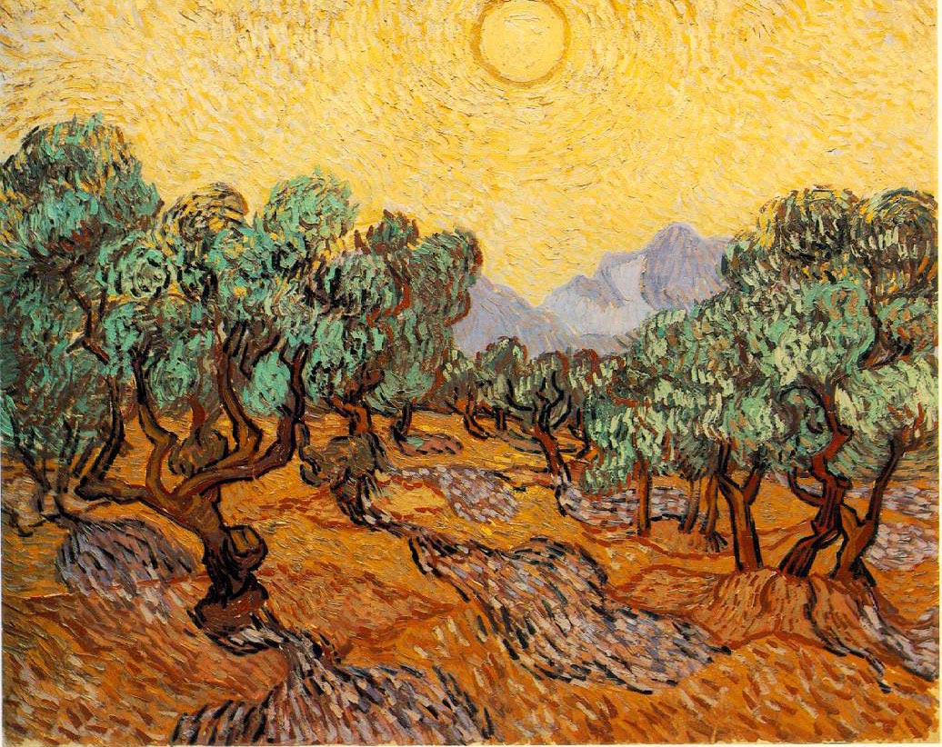 Oliviers avec ciel jaune et soleil  - Van Gogh